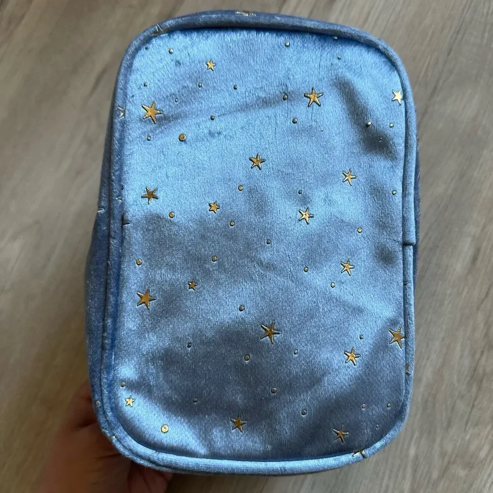 Smoky Blue Velour & Metallic Gold Stars Cosmetic Case Bag